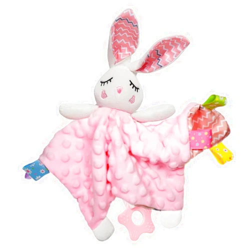 Toytellini Soothe&Sense Baby Security Blanket with Teether, Rattle, Crinkle Fabrics & Taggies, Soft Sensory Lovey Newborn Essentials Snuggle Stuffed Animal (Pink Bunny)