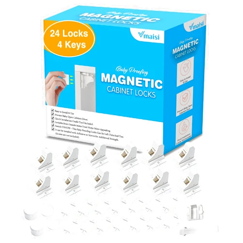 Vmaisi Adhesive Magnetic Locks for Cabinets & Drawers (24 Pack and 4 Keys + Cradle)