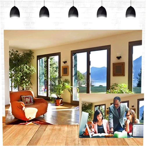 OERJU 12x10ft Business Office Photography Backdrop Green Plants Lakeside Empty Office Wooden Plank Photo Background Lawn Sunlight Mountain Interior House Video Conference Backdrop Photo Booth