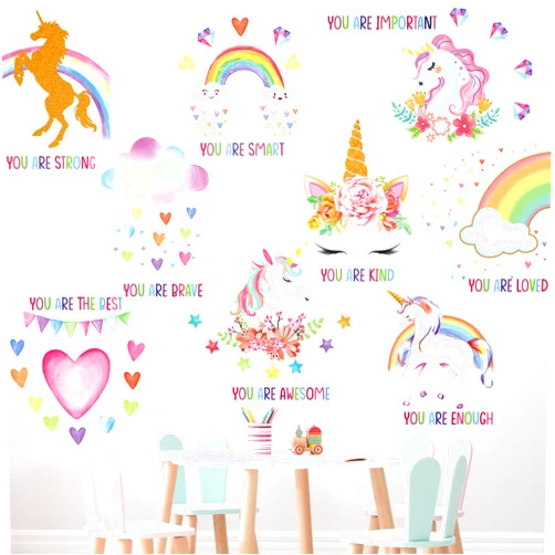 Epakh 9 Pieces Unicorn Room Stickers for Girls Bedroom Unicorn Rainbow Wall Stickers Removable Inspirational Wall Decal for Girls Kids Bedroom Nursery Birthday Party