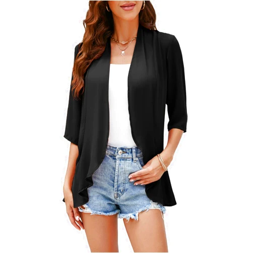 MIUDOLLS Women's Summer Lightweight Kimono Cardigans Sheer 3/4 Sleeve Ruffle Chiffon Beach Cover Ups