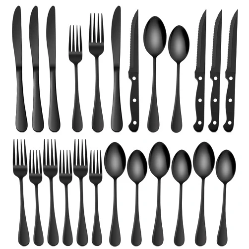 HaWare 24-Piece Black Silverware Set with Steak Knives, Stainless Steel Cutlery Set, Food Grade Flatware Set Service for 4, Mirror Finished Tableware for Home Restaurant, Include Knives, Forks, Spoons