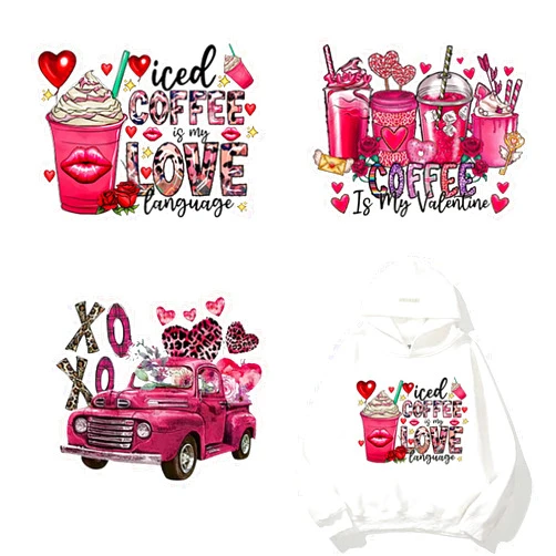 ZASKHLD Valentine's Day Iron on Transfer Stickers HTV Vinyl Heat Transfer Patches Love Car Pink Leopard Heat Transfer Decals Coffee Cup Pattern Iron on Decals for Clothing Backpack Hat Decoration 3 Sheets