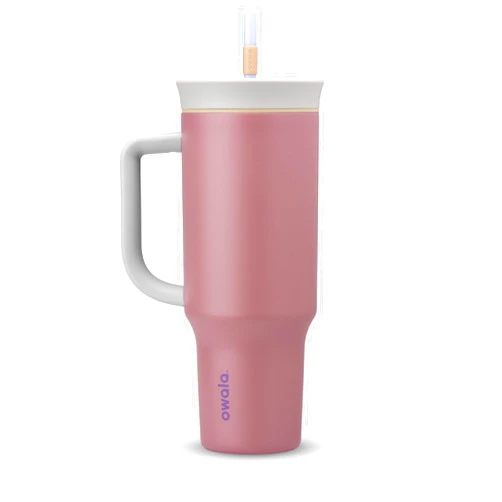 Owala Stainless Steel Triple Layer Insulated Travel Tumbler with Spill Resistant Lid, Straw, and Carry Handle, BPA Free, 40 oz, Dusty Pink (Yoga Rose)