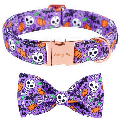 ARING PET Halloween Dog Collar Cute Pumpkin Dog Collar Bowtie, Cotton Purple Skull Bat Dog Collars Daisy Puppy Collars with Metal Buckle