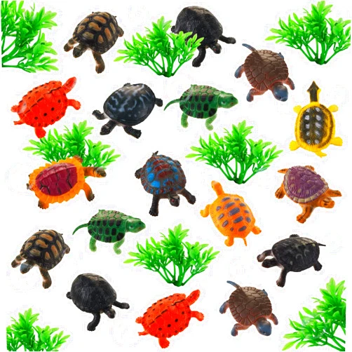 Hungdao 48 Pcs Mini Plastic Turtles Party Decoration Include 24 Realistic Small Sea Turtles and 24 Plastic Waterweed for Turtle Tank Accessories