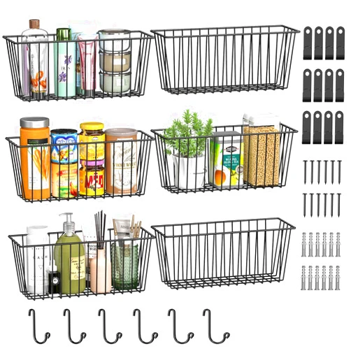 Simple Trending 6 Pack Wire Basket Locking Wall Hanging Baskets, Organize Cabinets and Storage Cabinets with Free Hooks for Kitchen, Laundry Room, Garage, Refrigerator and Bathroom.