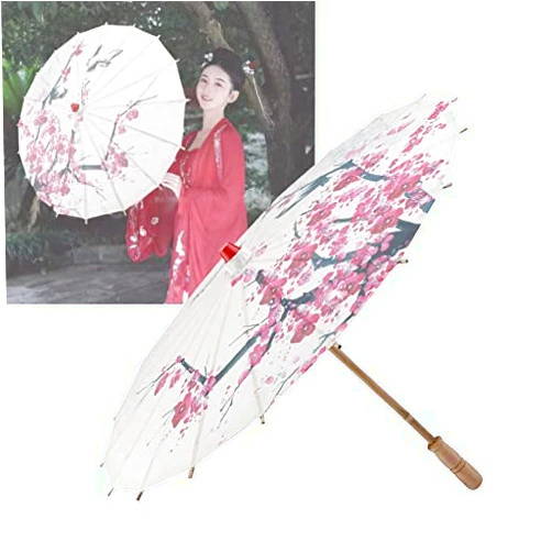 Pssopp Asian Nylon Umbrella Parasol DIY Paper Umbrellas, Mini Classical Handmade Oil Paper Umbrella Painting Dancing Props Rainproof Parasol with Plum Blossoms & Wooden Handle（Small Size)