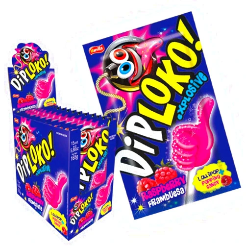 BRAZILIAN CORNER DIPLOKO! ''DIP LOKO!'' Boom Crackling Lollipop by Brazilian Corner | Explosion of Flavor in the Mouth | Popping candy | 0.39 Oz Net Weight per Unit | 24 Count | Artificially Flavored (Assorted Flavors, 24 Count) (Raspberry)