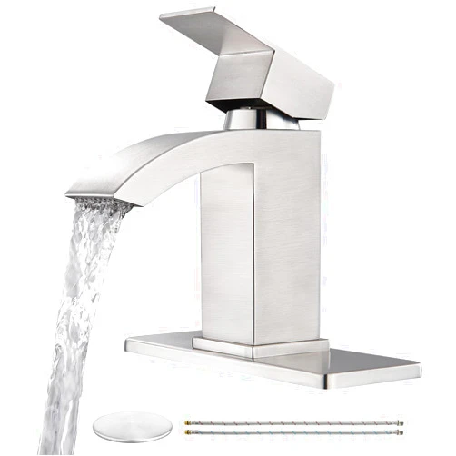 CREA Waterfall Bathroom Faucet One Hole,Single Handle Brushed Nickel Bathroom Faucet 1 Hole,Stainless Steel Utility Sink Faucet for RV Bar Lavatory Vanity(Pop Up Drain/Deck/cUPC Supply Line)