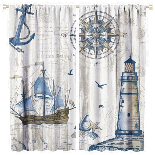 BenYaSong Nautical Sailboat Map Blackout Window Curtain Rustic Lighthouse Compass Scene for Living Rooms and Bedrooms Drapes 2 Panels 42x45 Inch, Style-1
