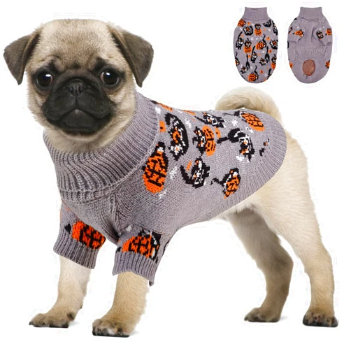 OTOB Small Dog Halloween Sweater, Fall Winter Pumpkin Knitwear Cat Sweater, Warm Turtleneck Cute Pet Clothes, Puppy Dog Halloween Costumes Holiday Outfit, Gray, M