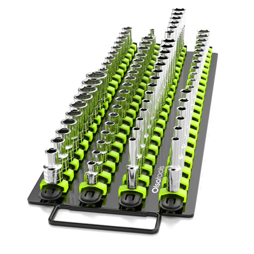 Olsa Tools Portable Socket Organizer Tray | Black Rails with Green Clips | Holds 80 Sockets | Professional Quality Socket Holder