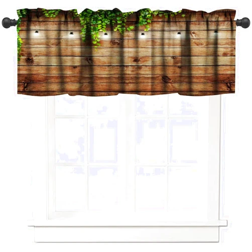 ZhiRain Rustic Wooden Board Valances Curtains Green Leaves on Vintage Wood Country Grunge Planks Barn House Door Short Curtain Valance for Kitchen Bedroom Bathroom with Rod Pocket, One Panel 54X18 Inches