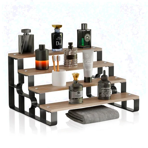 USHARP Perfume Stand for Men,4 Tier Cologne Organizer,Display Shelf Stands for Dresser,Wooden Shelf Display Risers for Party,Makeup,Figures,Cupcake,Dessert(Walnut,Width=14