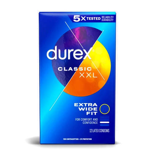 Durex Condom XXL Longer & Wider Natural Latex Condoms, Extra Wide Fit, 12 Count - Ultra Fine & Lubricated (Packaging May Vary)