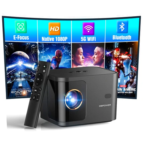 DBPOWER [Electric Focus] 5G WiFi Mini Bluetooth Projector 4K Support, 300 ANSI HD 1080P Portable Video Projector, ±40° Vertical Keystone|Zoom|Timer, DBPOWER Smartphone Projector Outdoor Movie for TV (Black)