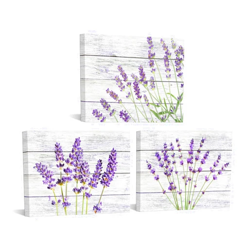 Biuteawal Vintage Flower Wall Art 3 Piece Bathroom Purple Lavender Picture Painting Grey Wood Rustic Posters and Prints Botanic Canvas Artwork Living Room Bedroom Home Farmhouse Kitchen Ready to Hang