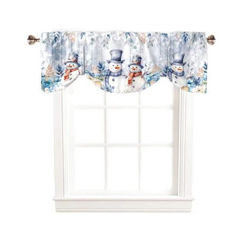 RisQiten Blue Snowman Christmas Tie Up Valance Curtains for Windows, Xmas Floral Botanical Kitchen Curtains Window Treatments, Winter Snowflake Short Window Shades Valances for Bedroom Bathroom Cafe 54