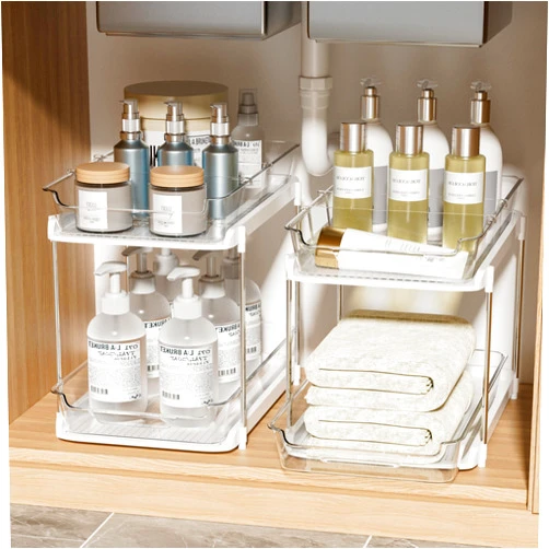 Proarea 2-Tier Bathroom Under Sink Organizers and Storage, Clear Stackable Kitchen Pantry Organization, Pull Out Medicine Cabinet Organizer Set of 2