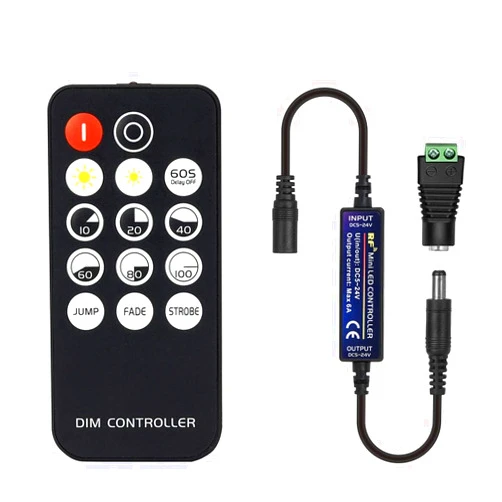 BTF-LIGHTING Mini RF Dimmer Controller 14 Keys for FCOB 3014 5630 5730 3528 Strip Lights DC5V/DC12V/DC24V Brightness Mode Effect Mode Wireless LED Dimmer Controller(Single Color)