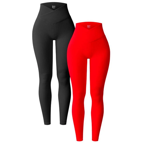OQQ Women's 2 Piece Yoga Leggings Ribbed Seamless Workout High Waist Cross Over Athletic Exercise Leggings