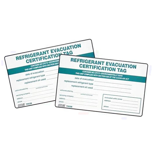 Mars (2) Labels, Refrigerant Evacuation Certification Tag/I.D. Label