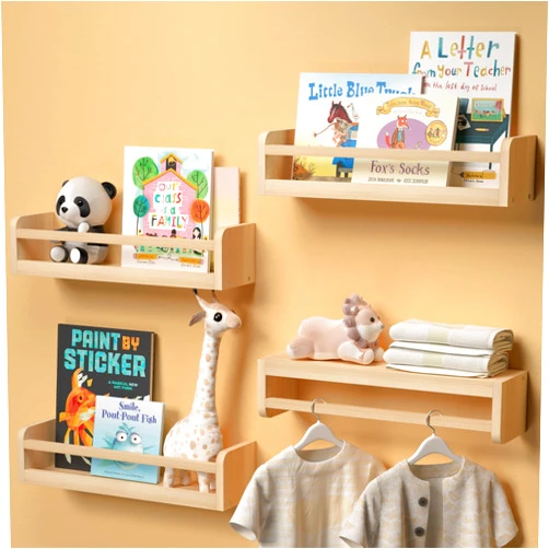 Boswillon Dual-Guard Nursery Book Shelves Set of 4, Floating Shelves for Nursery Room Wall Decor, Wall Mount Kids Bookshelf for Baby Bedroom Storage, Toddler Toy Hanging Wall Organizer - Natural Wood