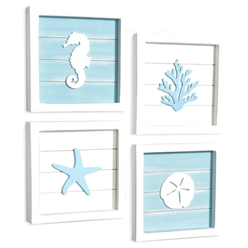 Tide and Tales TideAndTales Ocean Beach Themed Room Decor (Framed Set of 4) Coastal 3D Wall Art with Starfish, Seahorse, Sand Dollar and Coral - Turquoise Coastal Room Decor - Seashell Beach Decorations for Home