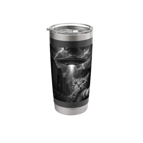 Cat Lovers Equipment and Cat Apparel for him Cat Selfie with UFO Funny Cat Owner Stainless Steel Insulated Tumbler