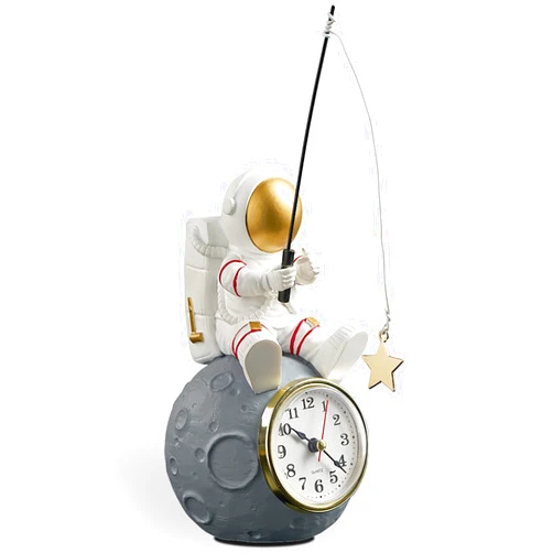 BANOMII Astronaut Figure Clock for Desktop & Shelf, Battery Operated, Astronaut & Planet Figurine Statue for Office & Kids' Outer Space Themed Bedroom Decor, Decorative Small Table Clock, Fishing Star