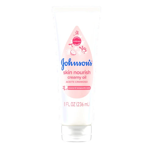 Johnson's Baby Johnson's Skin Nourish Creamy Baby Oil for Dry Skin with Coconut & Honeysuckle Scent, Rich & Creamy Baby Body Oil Moisturizes for 24 Hours & Helps Prevent Dryness, Hypoallergenic, 8 fl. oz