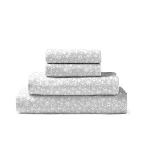Brielle Home Flannel Sheet Set Cotton Soft Warm & Cozy Modern Chic with Elastic Deep Pockets, King, Snowflake Lunar Grey