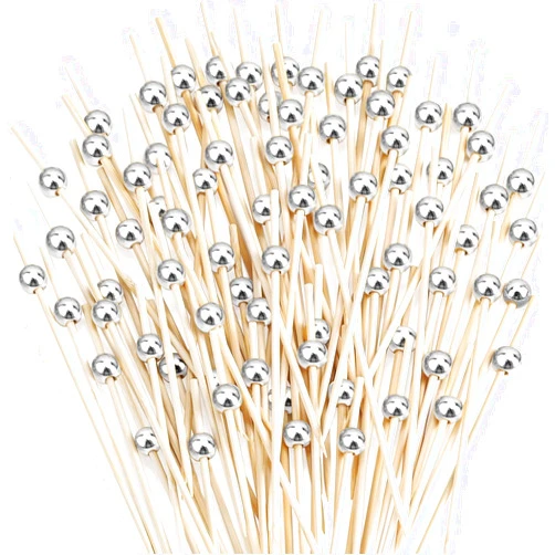 THISONG Cocktail Picks, 4.7 Inch Toothpicks for Appetizers Bamboo Cocktail Sticks Skewers for Drinks Charcuterie Boards Accessories 200PCS Silver Pearl Pick