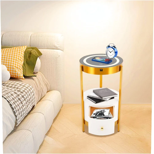 Mkyiongou Dimmable Smart Led Nightstand with White Drawers,Sofa Round End Table with USB & AC Port Wireless Charging Station,Bedside Table/Side Table for Bedroom/Living Room/Coffee Table