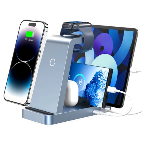 GAUOLN Wireless Charger for iPhone - 5 in 1 Charging Station for Multiple Devices Apple: Fast Wireless Charging Stand Dock for iPhone 16 15 14 13 12 Pro Max Apple Watch Airpods(Wathet)