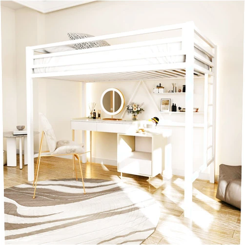 ikalido Twin Size Loft Bed, Multifunctional Metal Twin Bed with Safety Guard & Removable Ladder, Space-Saving Bed Frame for Small Bedroom, Matte White