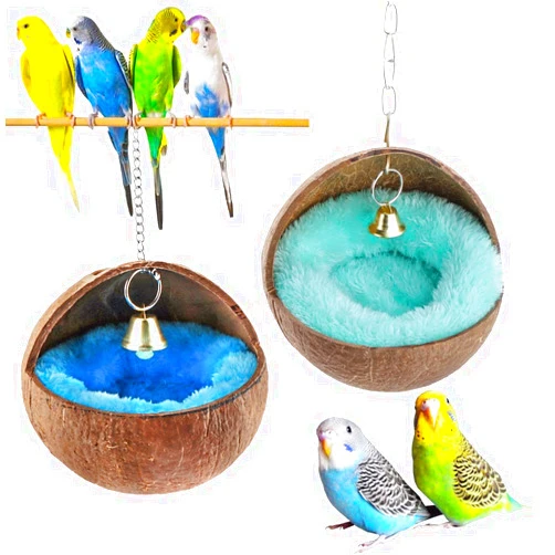 VTurboWay 2 Pcs Natural Coconut Shell Bird Nest House Bed Breeding Nesting Anti-Pecking Bite with Warm Pad and Bell for Bird Parrot Budgie Parakeet Cockatiel Conure Lovebird Canary Finch