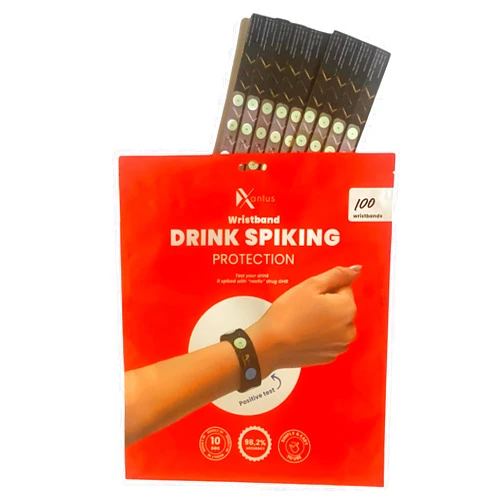 Xantus Drink Check Wristband Roofie Test by Xantus | Spiked Drink Wristband Tester Detects GHB Within 10 Seconds Test Your Drink | Spiking Protection Detector Made in USA | (100 Black Wristbands 400 Tests)