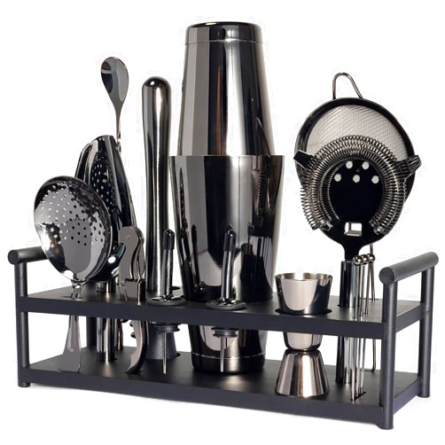 Hovikoki 16-Piece Boston Cocktail Shaker Bar Set with Wood Stand Gunmetal Plated Black Mixology Martini Shaker Set, Bartender Kit with All Essential Bar Tool Margarita Drink Mixer Kit - 18oz & 28oz