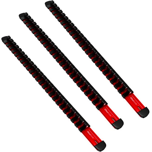 Olsa Tools Aluminum Socket Organizer Kit with Locking End Caps (3pc Set) | Fits all 1/4-Inch Chrome and Impact Sockets | Fits Deep and Shallow Sockets | Professional Quality Socket Rail (Red)