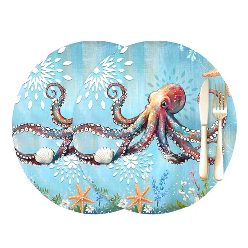 PUXTKE DAZQW Watercolor Ocean Octopus Starfish Round Placemat,PU Heat-Proof Table Mats Placemats Sea Monster Waterproof Table Mat for Indoor Outdoor Kitchen Dining Party,Set of 2,12