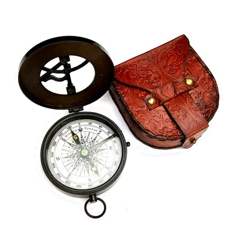 Marine Collection Mart Brass Camping Compass – Handmade Pocket Compass with Leather Case Nautical Outdoor Adventure & Hiking Gift