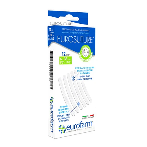 Eurofarm Eurosuture - 1/5 x 1 1/2 in - Skin Closure, Sterile Suture Strips, Dynamic Adherence and Superior Security – 2 Envelopes of 6 Strips Each (12 Strips)