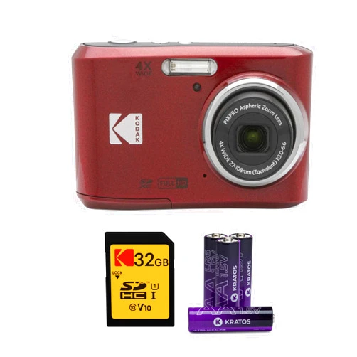 Kodak PIXPRO FZ45 Digital Camera (Red) Bundle with 32GB Class 10 UHS-I U1 SDHC Memory Card and AA High-Performance Alkaline Batteries (4-Pack) (3 Items)