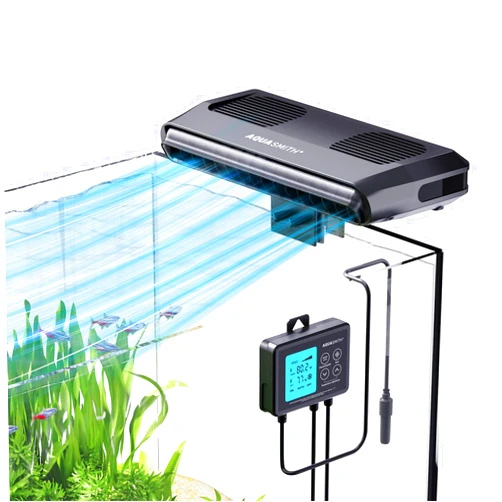 AQUASMITH Aquarium Chiller Fan,Fish Tank Cooler with Temperature Control,Minimum Setting 59℉,Auto Start/Stop,Refrigeration Effect 3-7℉,3-Speed Modes,for Axolotl Seawater Freshwater Coral Grass Tank
