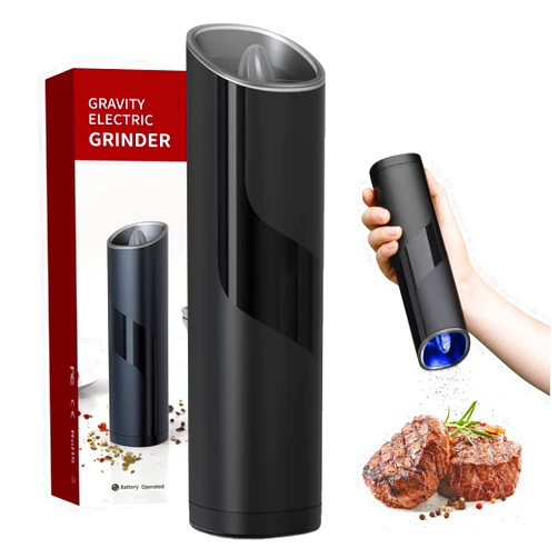 Nedyfix Gravity Electric Pepper Grinder, Battery Powered Grinder, with LED Light for One Hand Operation of Automatic Pepper and Salt Grinder Adjustable Poughness-8in Black