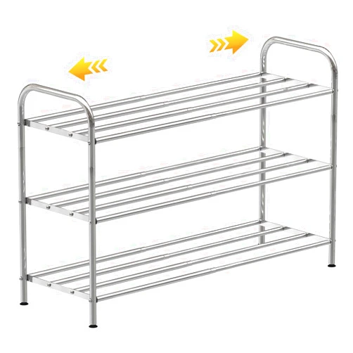 SKIKEN 3-Tier Stainless Steel Shoe Rack, 4-Rod Extendable and Adjustable Feet, Small Adjustable Shoe Rack, Standing Storage Shelf Rack for Entryway, Closet, Doorway, Stair Side or Laundry Room