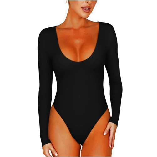 REORIA Women’s Sexy Scoop Neck Long Sleeve Double Lined Stretchy Shirt Tops Going Out Bodysuits