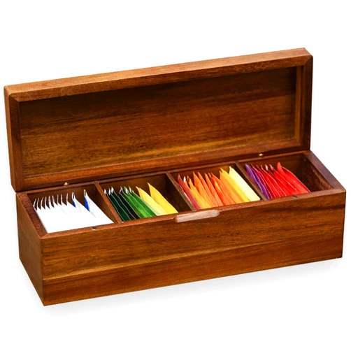 FLYIEE Acacia Wooden Tea Bag Organizers, Tea packet Storage Boxes, Tea Caddy for Tea Bags Chest, Teabag Holder Containers, Teabox Station Display, Organizador De Tes Caja Para Te, 4 Compartments